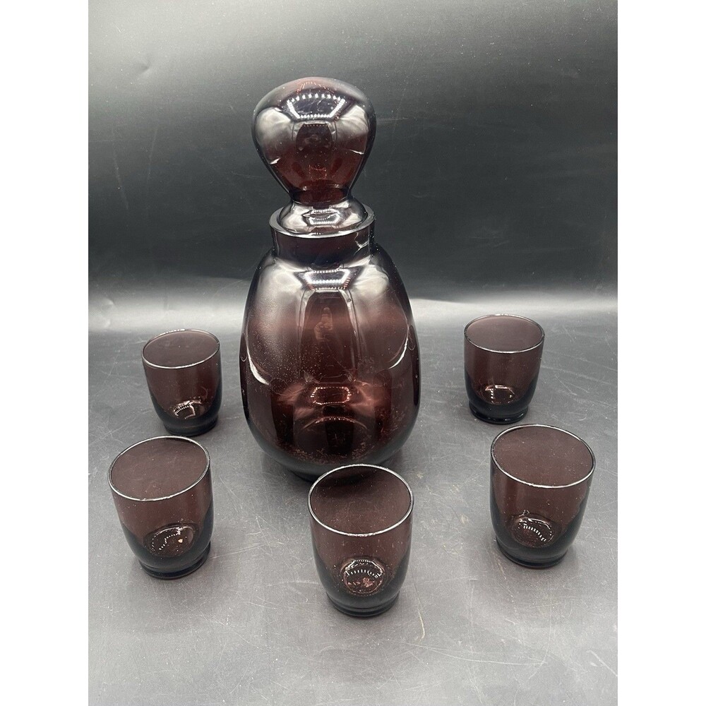 VTG MCM 1 Amethyst Glass Decanter Set w/ 5 Cordial Shot Glasses Purple Barware